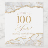 Elegant White Gold Agate 100th Birthday Party Wijn Etiket (Enkel label)