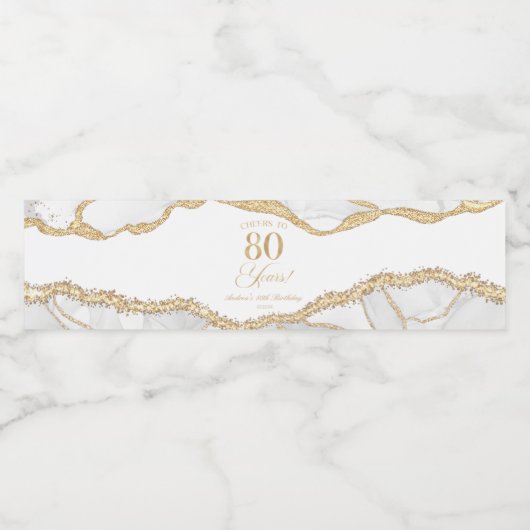 Elegant White Gold Agate 80th Birthday Party Waterfles Etiket (Enkel label)
