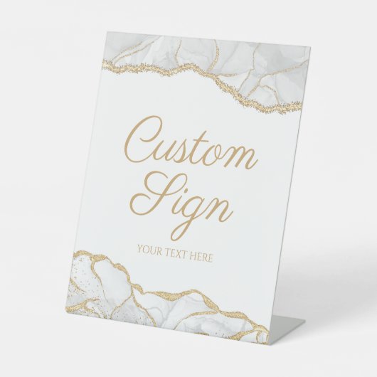 Elegant White Gold Agate Custom Text Reclamebord Met Voetstuk (Voorkant)