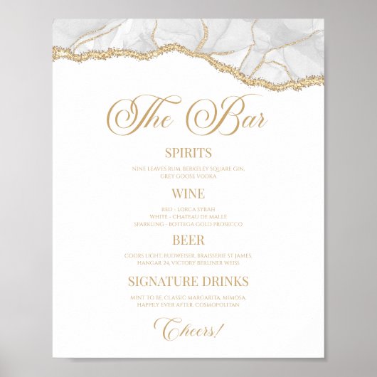 Elegant White Gold Agate Party Bar Menu Sign Poster (Voorkant)