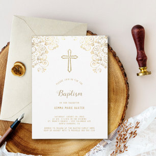 Elegant White Gold Cross Baptisme Invitation Kaart