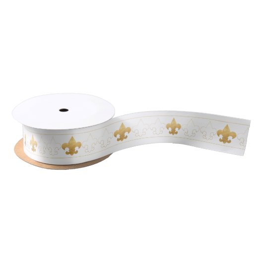 Elegant White & Gold Fleur De Lis Ribbon Lint (Spoel)