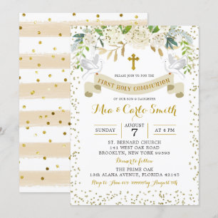 Elegant White Gold Floral First Heilige Communie Kaart