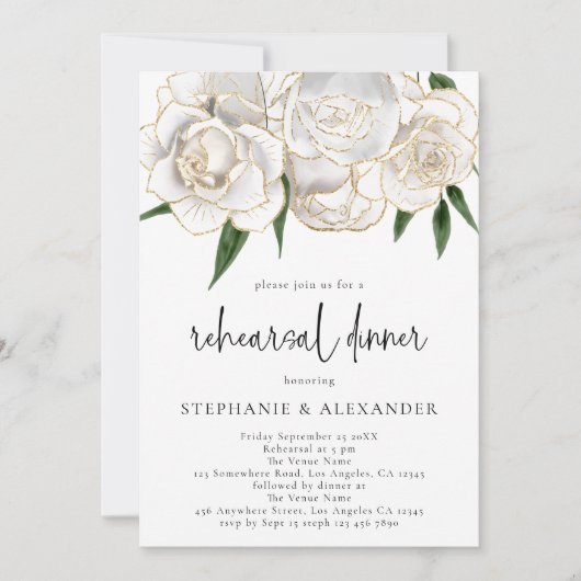 Elegant White Gold Floral Script Rehearsal Dinner Kaart (Voorkant)