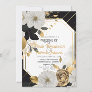Elegant White Gold Floral Wedding Black Lijst Kaart