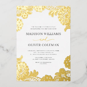 Elegant White + Gold Foil Lace Wedding Real Folie Uitnodiging