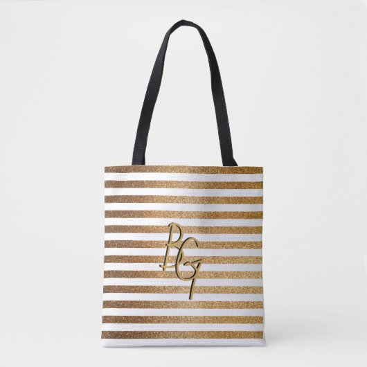 Elegant White Gold Glitter Stripe Monogram Draagtas (Voorkant)