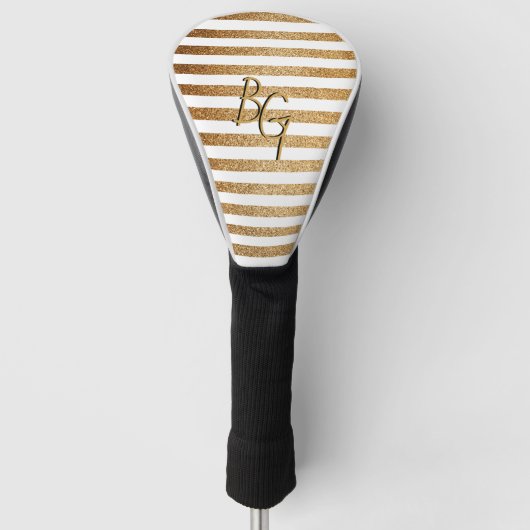 Elegant White Gold Glitter Stripe Monogram Golfheadcover (Voorkant)