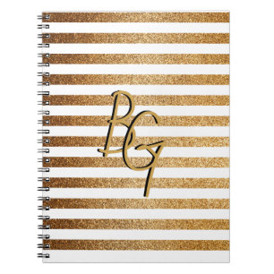 Elegant White Gold Glitter Stripe Monogram Notitieboek