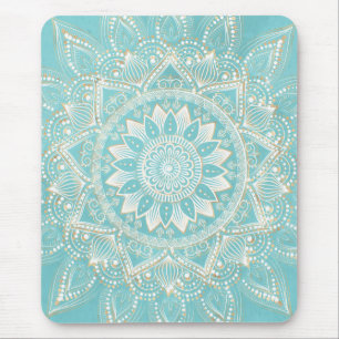 Elegant White Gold Mandala Sky Blue Design Muismat