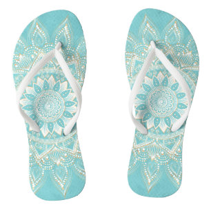 Elegant White Gold Mandala Sky Blue Design Teenslippers
