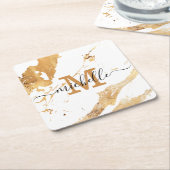 Elegant White Gold Marble Hand Lettered Monogram Vierkante Kartonnen Onderzetter (Schuin)