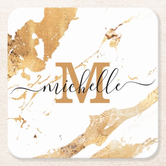 Elegant White Gold Marble Hand Lettered Monogram Vierkante Kartonnen Onderzetter (Voorkant)