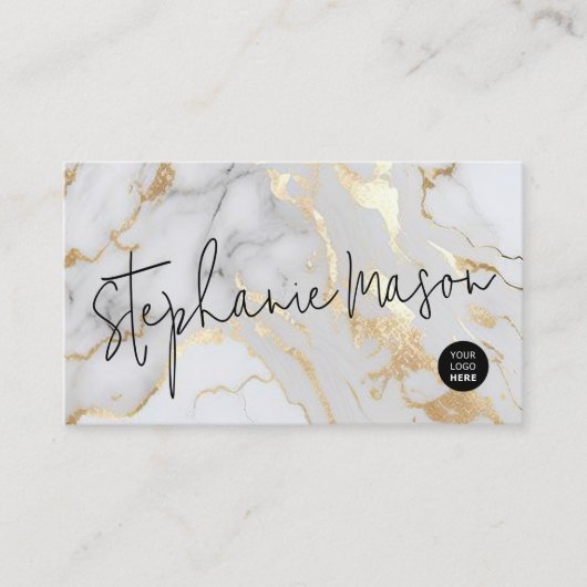 Elegant White Gold Marble Logo Script Modern Visitekaartje (Voorkant)