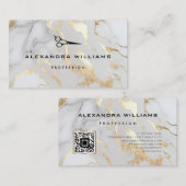 Elegant White Gold Marble QR Code Scissor Modern Visitekaartje (Voorkant / Achterkant)