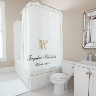 Elegant White Gold Monogram Names Pas getrouwd Wed Douchegordijn