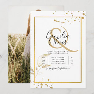 Elegant White & Gold Photo Wedding Invitation Kaart