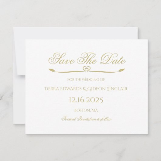 Elegant White Gold Script Simple Heart Weddenschap Save The Date (Voorkant)