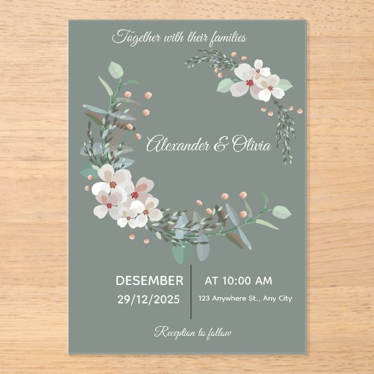 Elegant White & Green Acrylic Wedding Invitation (Recto)