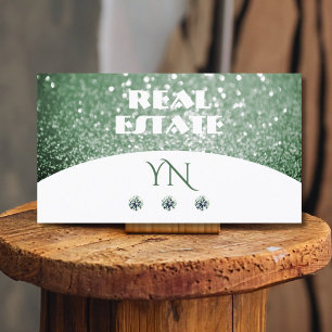 Elegant White Green Sparkle Glitter met Monogram Visitekaartje