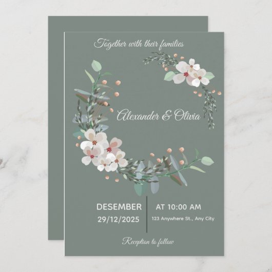 Elegant White & Green Wedding Invitation (Devant / Derrière)