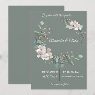 Elegant White & Green Wedding Invitation Kaart