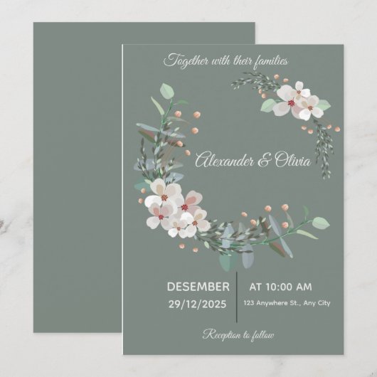 Elegant White & Green Wedding Invitation Kaart (Voorkant / Achterkant)