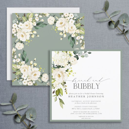 Elegant White Grey Green Brunch & Bubble Shower Kaart