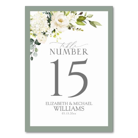 Elegant White Grey Green Floral Reception Kaart (Voorkant)