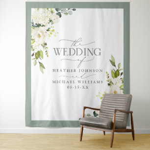 Elegant White Grey Green Floral Waterverf Wedding Wandkleed