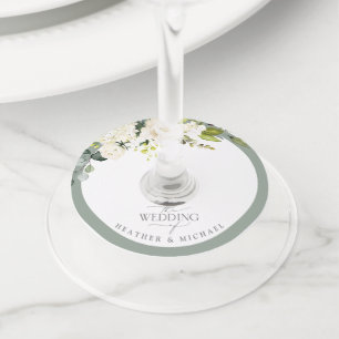 Elegant White Grey Green Floral Waterverf Wedding Wijnglaslabel