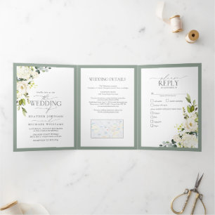 Elegant White Grey Green Meals Wedding Tri-Fold Drieluik Uitnodiging
