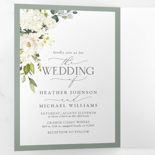 Elegant White Grey Green Meals Wedding Tri-Fold Drieluik Uitnodiging (Binnenzijde eerst)