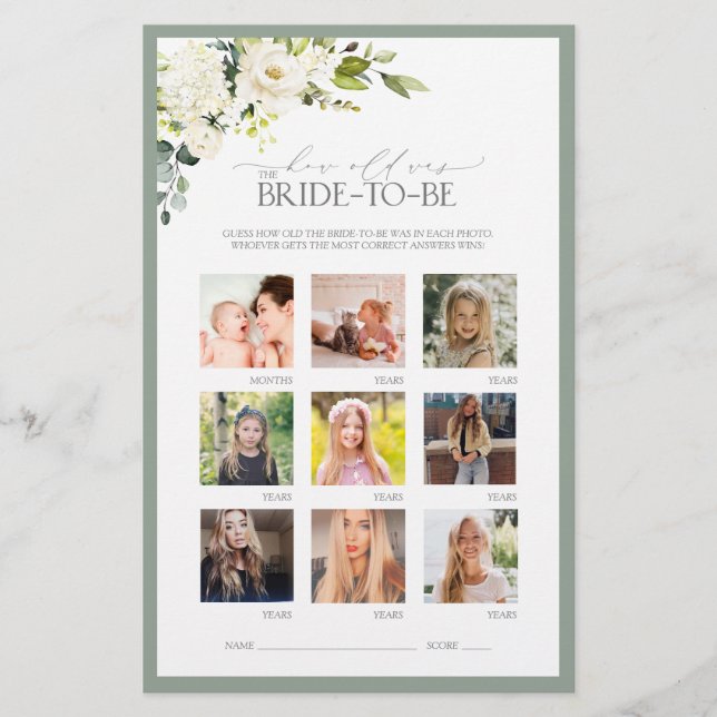 Elegant White Grey Green Vrijgezellenfeest Game (Voorkant)