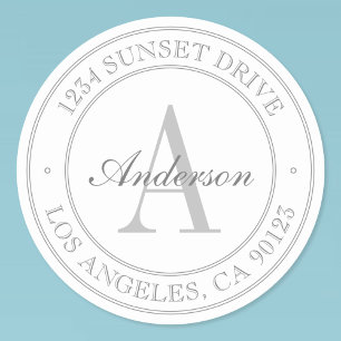 Elegant White & Grey Monogram Adres Ronde Sticker