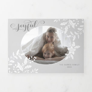Elegant White Holly op Gray met Calligrafie Foto Drieluik Wenskaart