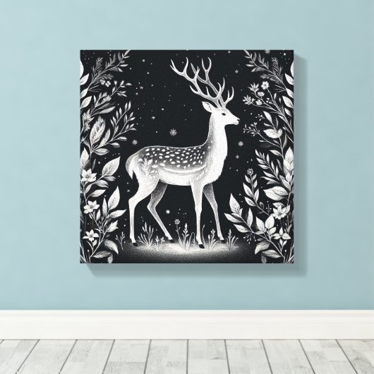 Elegant White Ink Deer in Botanical Frame Canvas Afdruk (Insitu (Houten vloer))
