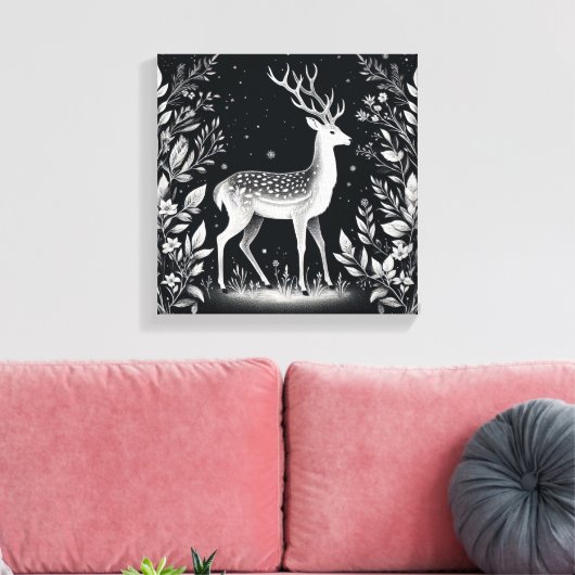 Elegant White Ink Deer in Botanical Frame Canvas Afdruk (Insitu (Woonkamer))