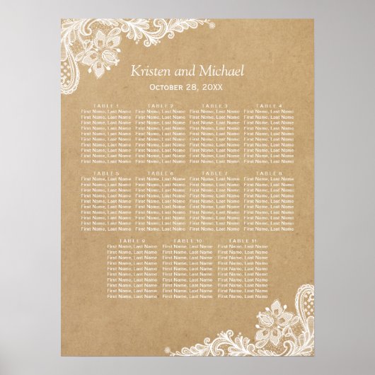 Elegant White Lace Kraft Wedding Seding Chart Poster (Voorkant)
