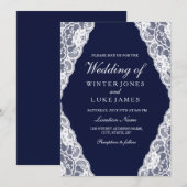 Elegant White Lace Navy Blue Wedding Invite Kaart (Voorkant / Achterkant)