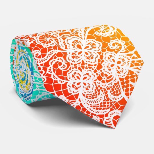 Elegant White Lace On Rainbow Abstract Stropdas (Opgerold)