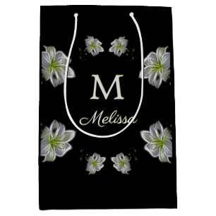 Elegant White Lilies Floral Monogram Name Medium Cadeauzakje