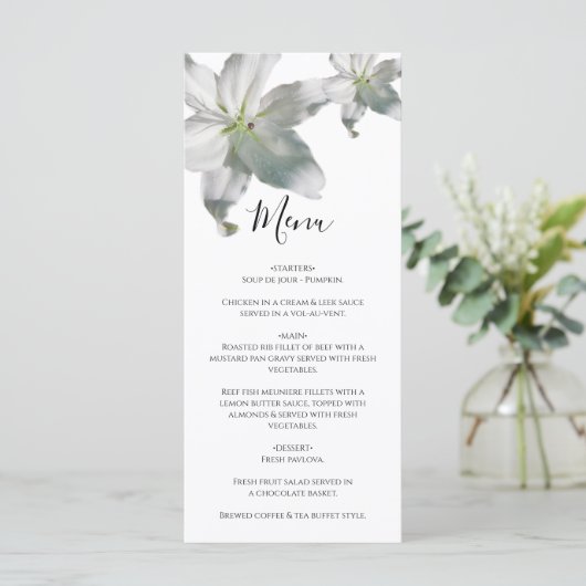 Elegant White Lilies Wedding Menu (Staand voorkant)