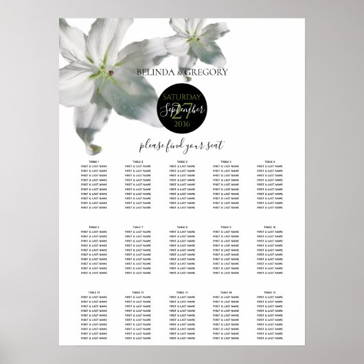 Elegant White Lilies Wedding Seding Chart Poster (Voorkant)
