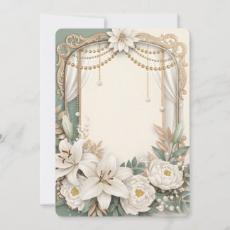 Elegant White Lily & Peony Floral Frame with Gold  Kaart