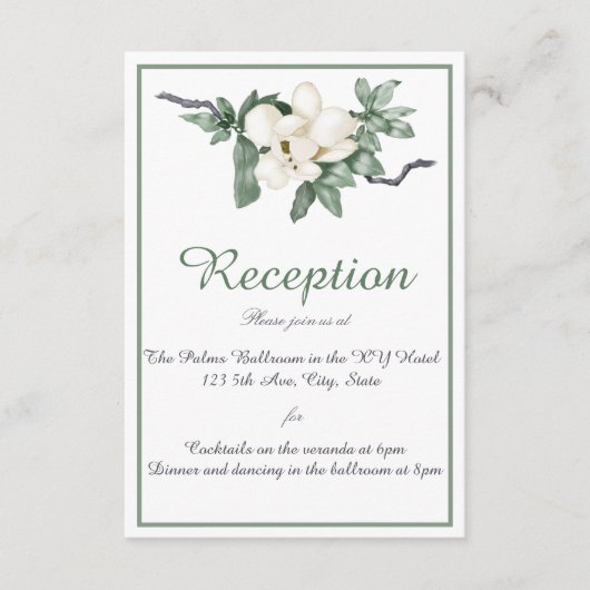 Elegant White Magnolia Blossom Reception Informatiekaartje (Voorkant)