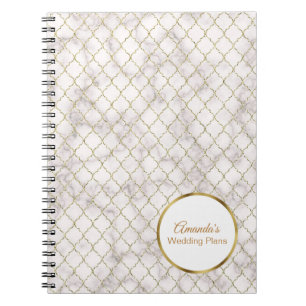 Elegant White Marble and Gold Quatrefoil Wedding Notitieboek