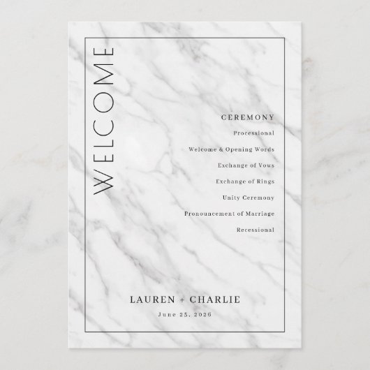 Elegant White Marble Ceremony Schedule Programma (Voorkant)