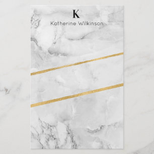 Elegant White Marble Gold Monogram Briefpapier