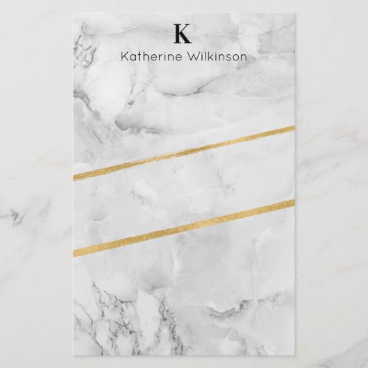 Elegant White Marble Gold Monogram Briefpapier (Voorkant)